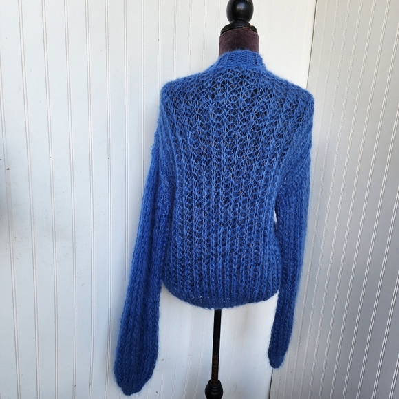 Handmade Fuzzy Mohair Wool Cardigan Sweater Women's Blue Dropped Shoulder Sz M - Picture 7 of 12